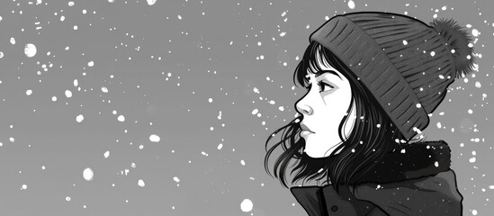 A black and white drawing of a woman with black hair wearing a hat in the snow, captured in monochrome photography with a flash photography effect