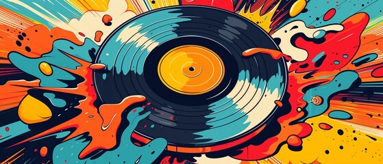 A cartoon vinyl record brought to life in vintage pop art style, with vibrant, contrasting colors and a backdrop of iconic pop art imagery - obrazy, fototapety, plakaty