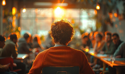 Focused Facilitator Leading a Diverse Team in a Collaborative Workshop Amidst a Warmly Lit, Blurred Office Background.
