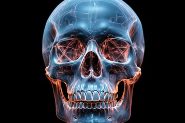A close-up view on a 3D x-ray film, focusing on the complexity of the human skull, with light shining through its structures