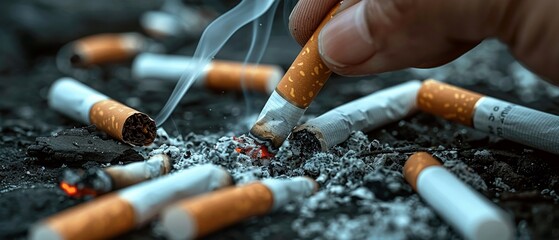 A compelling closeup of a hand firmly pinching and twisting cigarettes, representing the determination to end a smoking habit ,close up