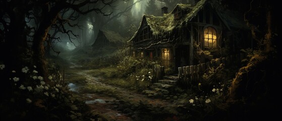 A decrepit cottage in the woods, its garden overrun with thorns, and shadows moving behind torn curtains