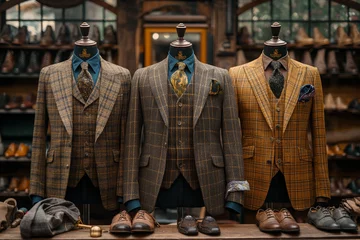 Fotobehang  gold suits on mannequins, wide range of options, in an old fashioned tailor store © hai