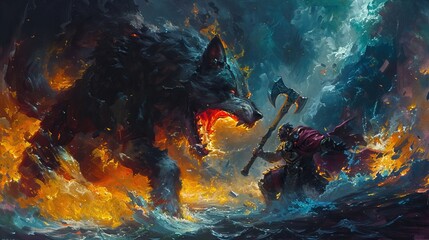 a warrior, a mage, a guardian with an axe fighting a giant wolf oil on canvas