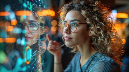 Young business woman thinking and drawing up a plan for success on a transparent board in the boardroom. Woman planning strategy and brainstorming ideas on a glass wall in a modern design office.