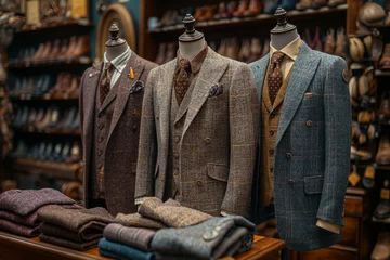 Fotobehang  gold suits on mannequins, wide range of options, in an old fashioned tailor store © hai
