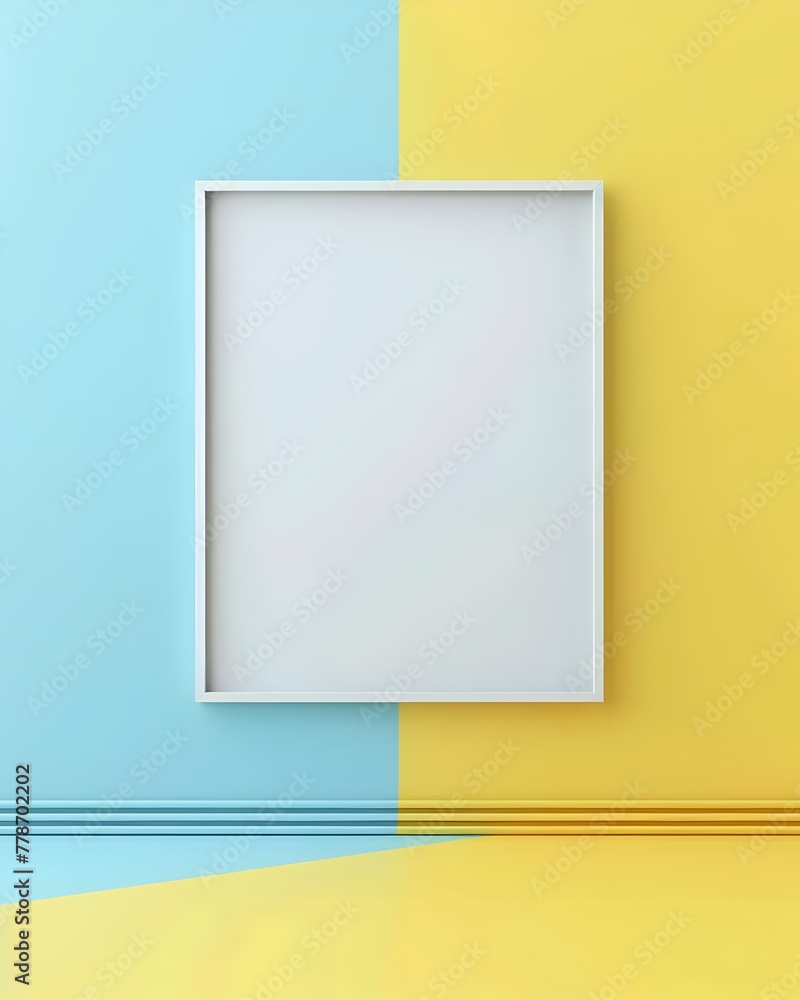 Poster elegant empty frame in minimalistic bright blue and yellow studio setting