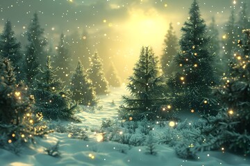 Ethereal Winter Wonderland with Glowing Evergreen Forest and Sparkling Snow - obrazy, fototapety, plakaty