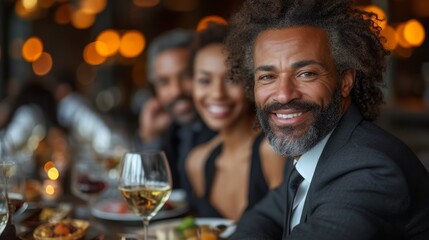 a group of people sitting at a table with wine glasses in front of them and a man with a beard smiling at the camera. - obrazy, fototapety, plakaty