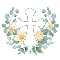Christian cross with green leaves and yellow flowers. Watercolor illustration for Easter, Baptism, Christening, invitations, cards, packaging.