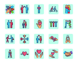 Friendship line icon set. Men and women in love, volunteers community, family couples. Vector icons can be used for social care, charity, relationships, cooperation concept