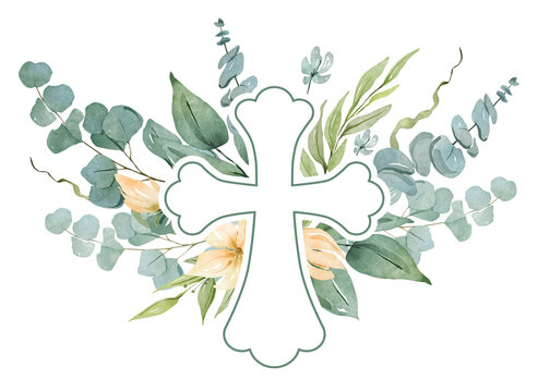 Christian cross with green leaves and yellow flowers. Watercolor illustration for Easter, Baptism, Christening, invitations, cards, packaging.
