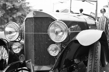 vintage black and white old classic Benz car close up 