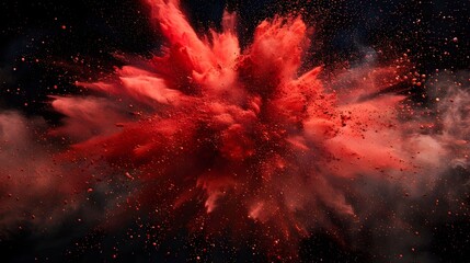Fiery Explosion of Vibrant Red Powder on Dramatic Black Background - obrazy, fototapety, plakaty
