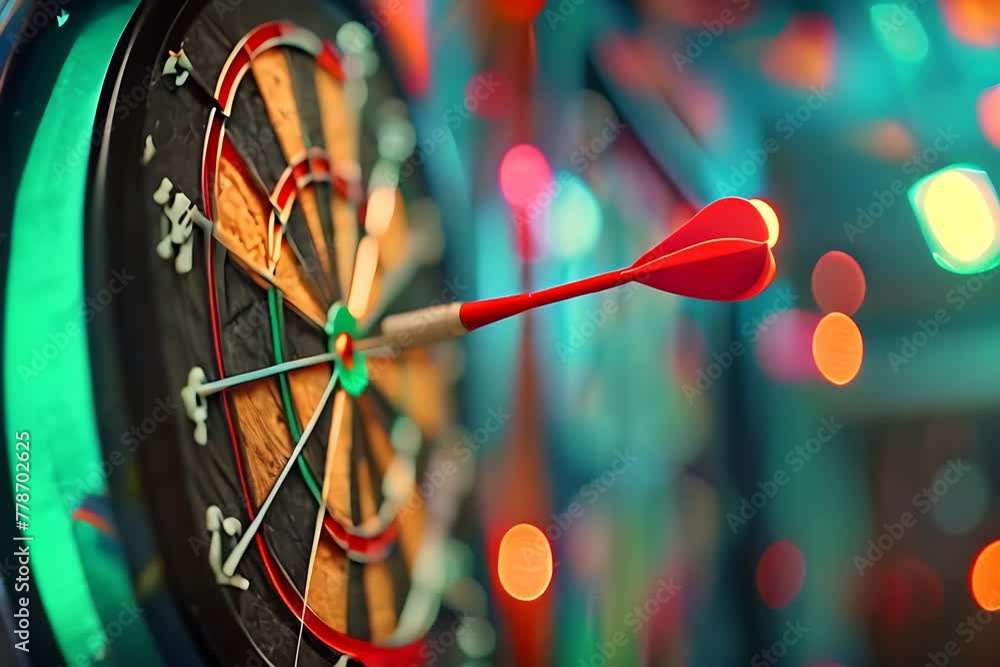 Aufkleber watch as a dart is thrown and lands precisely in the center of a regulation-sized dartboard. the dar