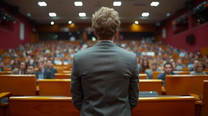 a man in a suit standing in front of a crowd of people in a lecture hall with their backs to the camera. - obrazy, fototapety, plakaty