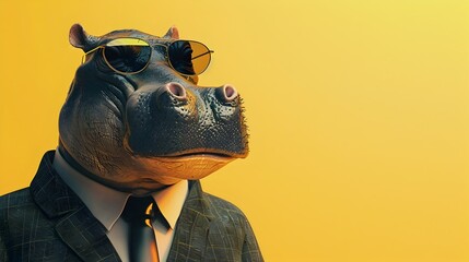 A Stylish and Confident Hippo Wearing Sunglasses and a Formal Suit in a Vibrant D Rendered Scene - obrazy, fototapety, plakaty