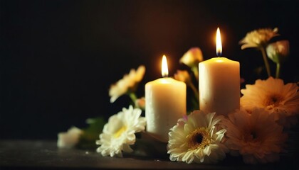 Burning candles and flowers on black background with space for text an obituary, list of dead. Funeral concept 