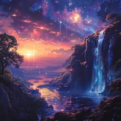 Haven with waterfalls of cosmic dust serene galaxy watching