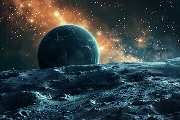 Otherworldly Planetary Landscape with Cosmic Galaxy Backdrop