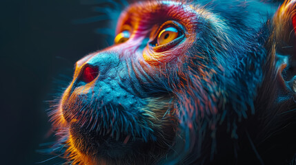 A captivating chimpanzee gazes forward, its eyes a mesmerizing blend of vivid colors, showcasing...