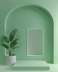 Elegant Minimal Green Toned Niche with Empty Frame for Artwork Presentation or Product Display in Chic Home or Office Setting