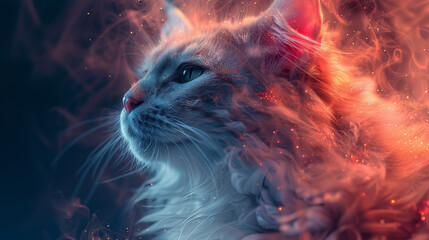A majestic cat stands unfazed, its gaze piercing through a dramatic backdrop of roaring flames.