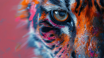 A majestic close-up of a tiger, showcasing its intense gaze and vibrant stripes, embodying the...