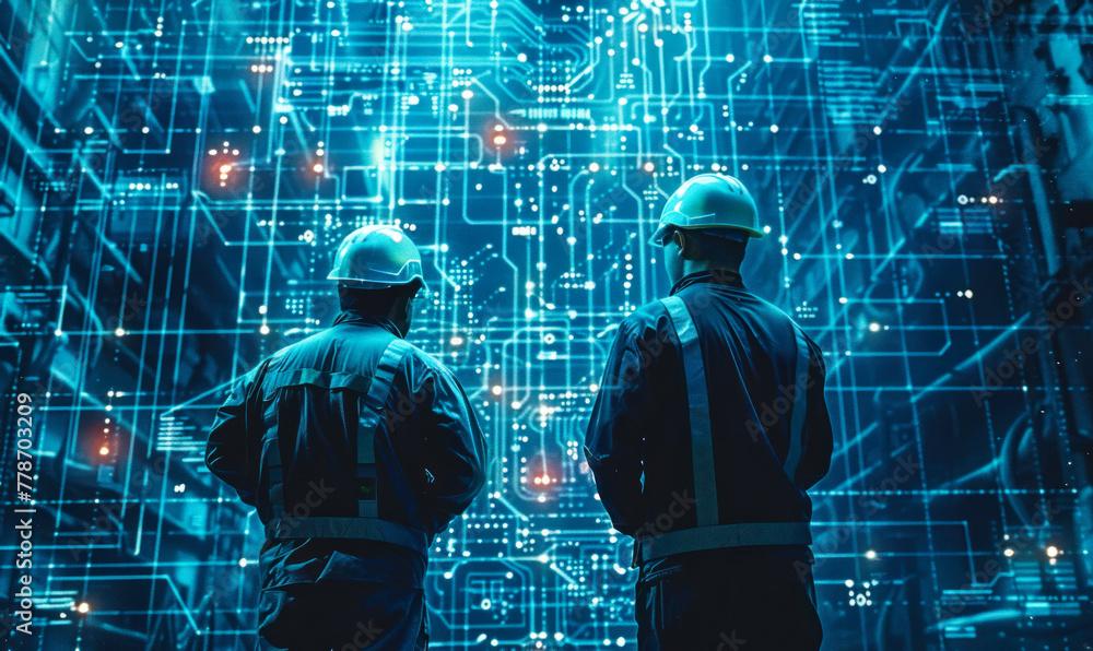 Poster silhouettes of engineers analyzing complex architectural blueprints and cad designs on a futuristic 