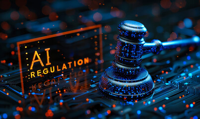 AI Act Regulation: Gavel on circuit board amid glowing orange lights, representing the intersection of artificial intelligence technology and legal regulation