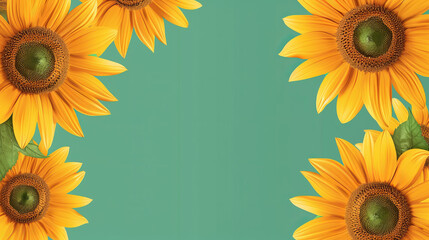 Close-up view of sunflowers against a teal backdrop, focusing on the detailed texture and color contrast