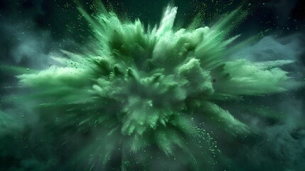 Explosive Green Powder Burst Against Dark Background Abstract Dramatic of Colorful Energy and Motion