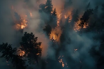 Raging Forest Fire Seen from Aerial Drone Perspective Capturing Dramatic Flames and Billowing Smoke Spreading Through Woodland Landscape