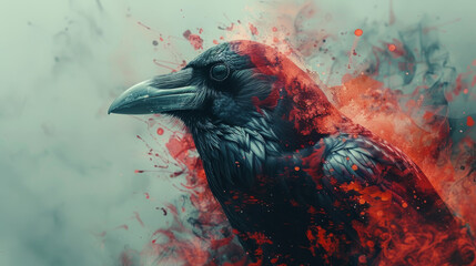 A raven perched solemnly as flames dance in the backdrop, painting a scene of stark contrast and eerie beauty.