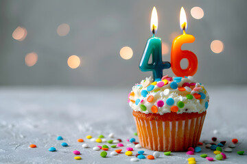 Birthday cupcake with number forty-six candle