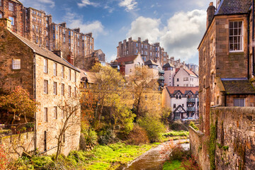 Dean Village, Edinburgh, overlooking the Water of Leith on a bright spring day.