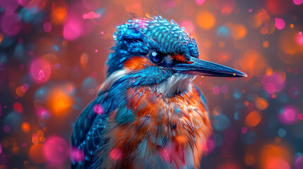 A vibrant painting depicting a kingfisher perched elegantly, set against a vividly colorful background, capturing the bird's stunning beauty.