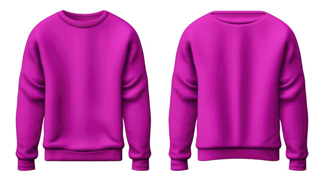  2 Set of magenta purple front and back view tee sweatshirt sweater long sleeve on transparent background. Mockup template for artwork graphic design