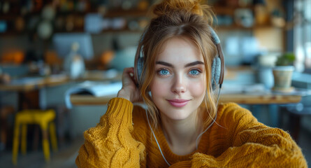 A young woman wearing headphones listening to music while engaged in a quiet activity - Generative AI