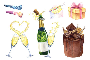 Wedding set watercolor drawing love cake. Champagne glass heart bottle. Present box invitation. Golden sparkling patry valentine goblet celebration