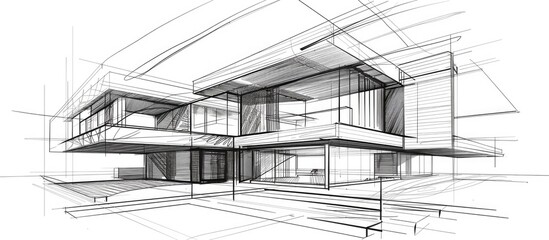 An artistic black and white drawing of a modern house with a sloped roof, composite material facade, and many windows showcasing a unique architectural design