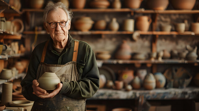 An elderly potter with glasses and a smock stands against a pottery studio background