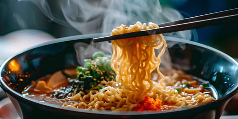  Flavorful Broth, Tantalizing, Noodle, A person enjoying a delicious bowl of steaming hot noodles in a cozy setting, Sapporo miso ramen in a bowl. Delicious ramen in Japan