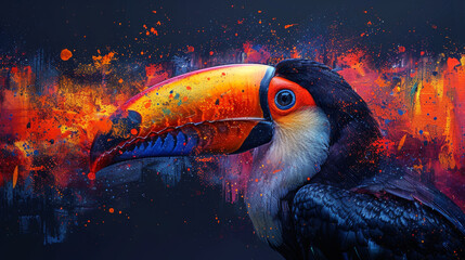 Obraz premium A vibrant toucan painting stands out against a dark background, showcasing the beauty of wildlife art.