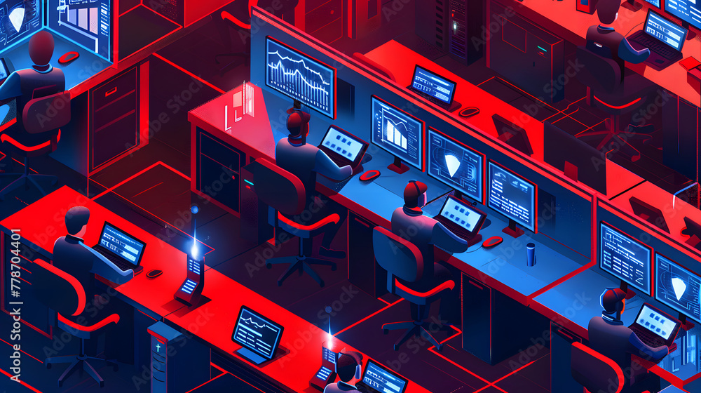 Aufkleber an isometric illustration of cybersecurity analysts monitoring threats in a security operations cent