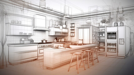  A building drawing featuring a kitchen with wooden stools, a large hardwood island, shelving, and a table. The floor is made of hardwood, and a window is visible in the facade. AI generated.