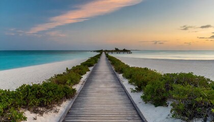 boardwalk leading to the white sand beach and ocean water at sunset with few shrubs on sides