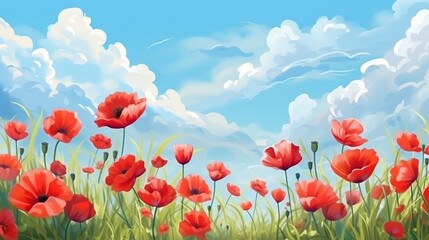 Fototapeta premium Painting with a field of blooming red poppies on the background of blue sky. 