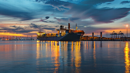 Cargo ship docked in twilight at a busy terminal with vibrant reflections