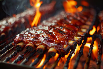 Barbecued ribs engulfed in flames on a grill, creating a fiery cookout scene